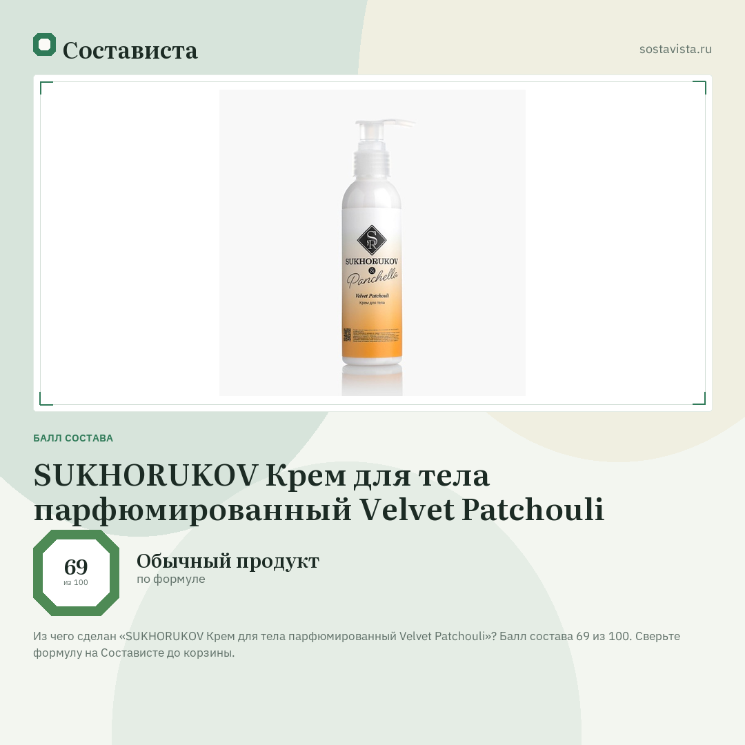 SUKHORUKOV Крем для тела парфюмированный Velvet Patchouli: балл состава 69 из 100 — Состависта