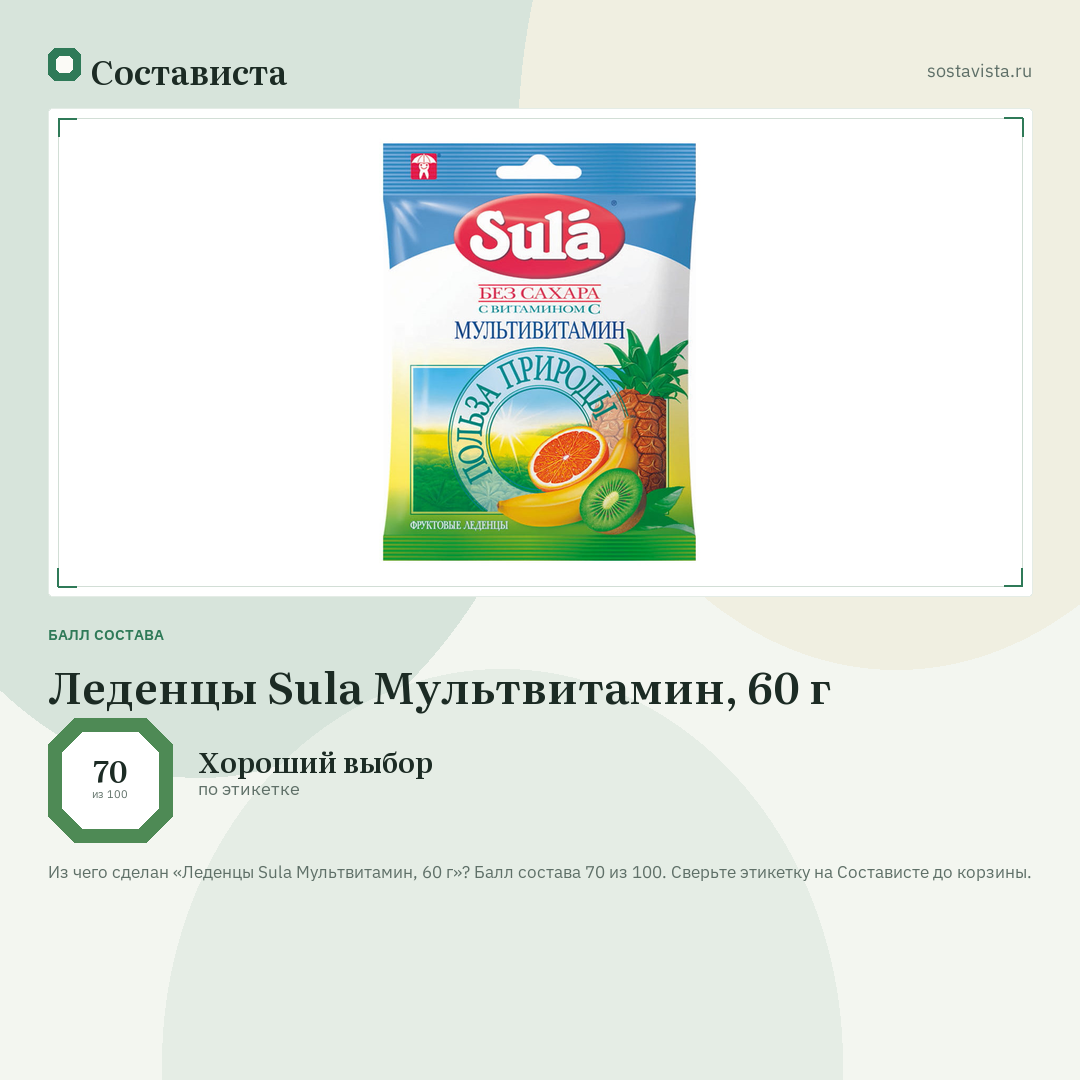 Леденцы Sula Мультвитамин, 60 г: балл состава 70 из 100 — Состависта