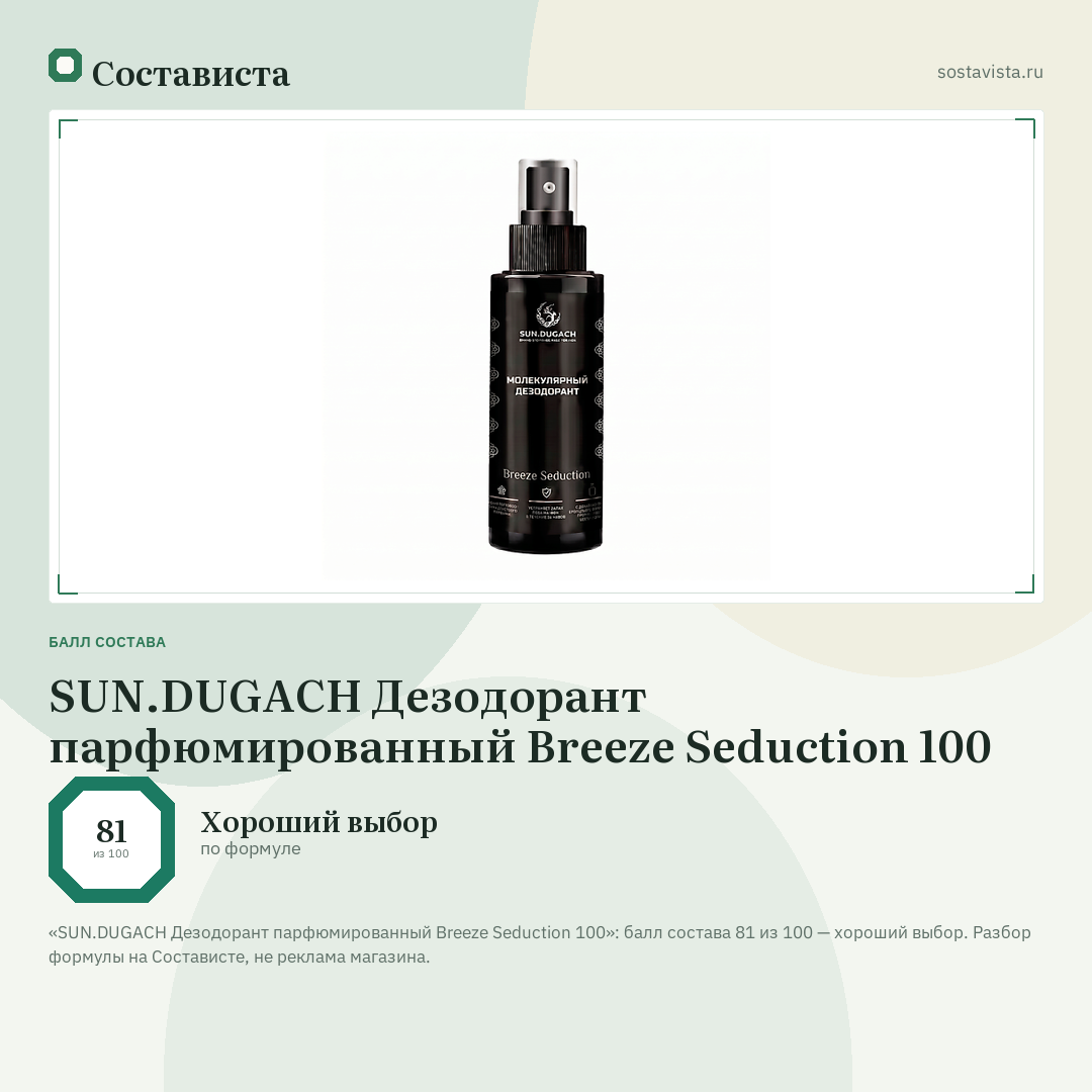 SUN.DUGACH Дезодорант парфюмированный Breeze Seduction 100: балл состава 81 из 100 — Состависта