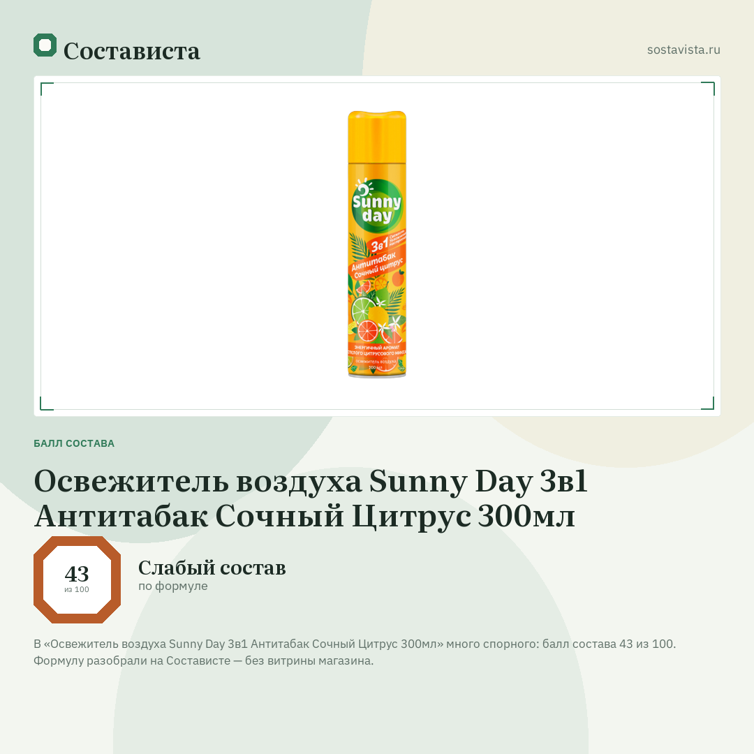 Освежитель воздуха Sunny Day 3в1 Антитабак Сочный Цитрус 300мл: балл состава 43 из 100 — Состависта