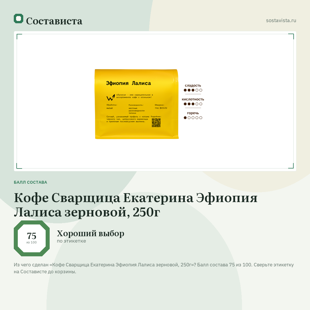 Кофе Сварщица Екатерина Эфиопия Лалиса зерновой, 250г: балл состава 75 из 100 — Состависта