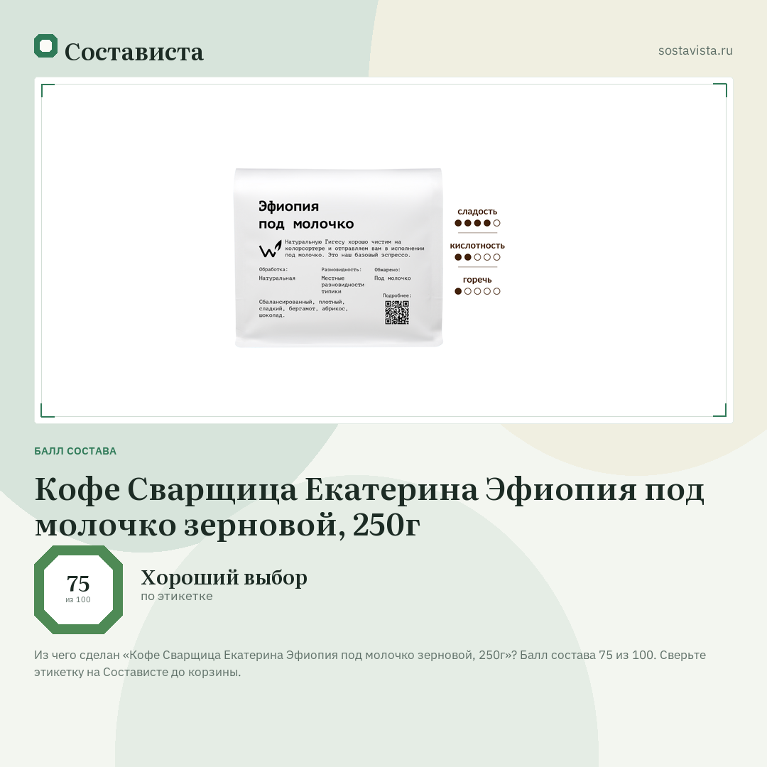 Кофе Сварщица Екатерина Эфиопия под молочко зерновой, 250г: балл состава 75 из 100 — Состависта