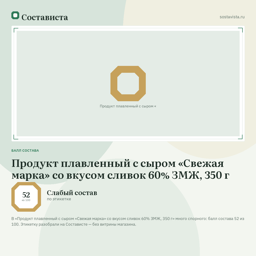 Продукт плавленный с сыром «Свежая марка» со вкусом сливок 60% ЗМЖ, 350 г: балл состава 52 из 100 — Состависта