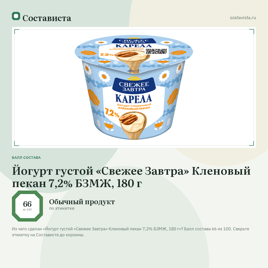 Йогурт густой «Свежее Завтра» Кленовый пекан 7,2% БЗМЖ, 180 г: балл состава 66 из 100 — Состависта