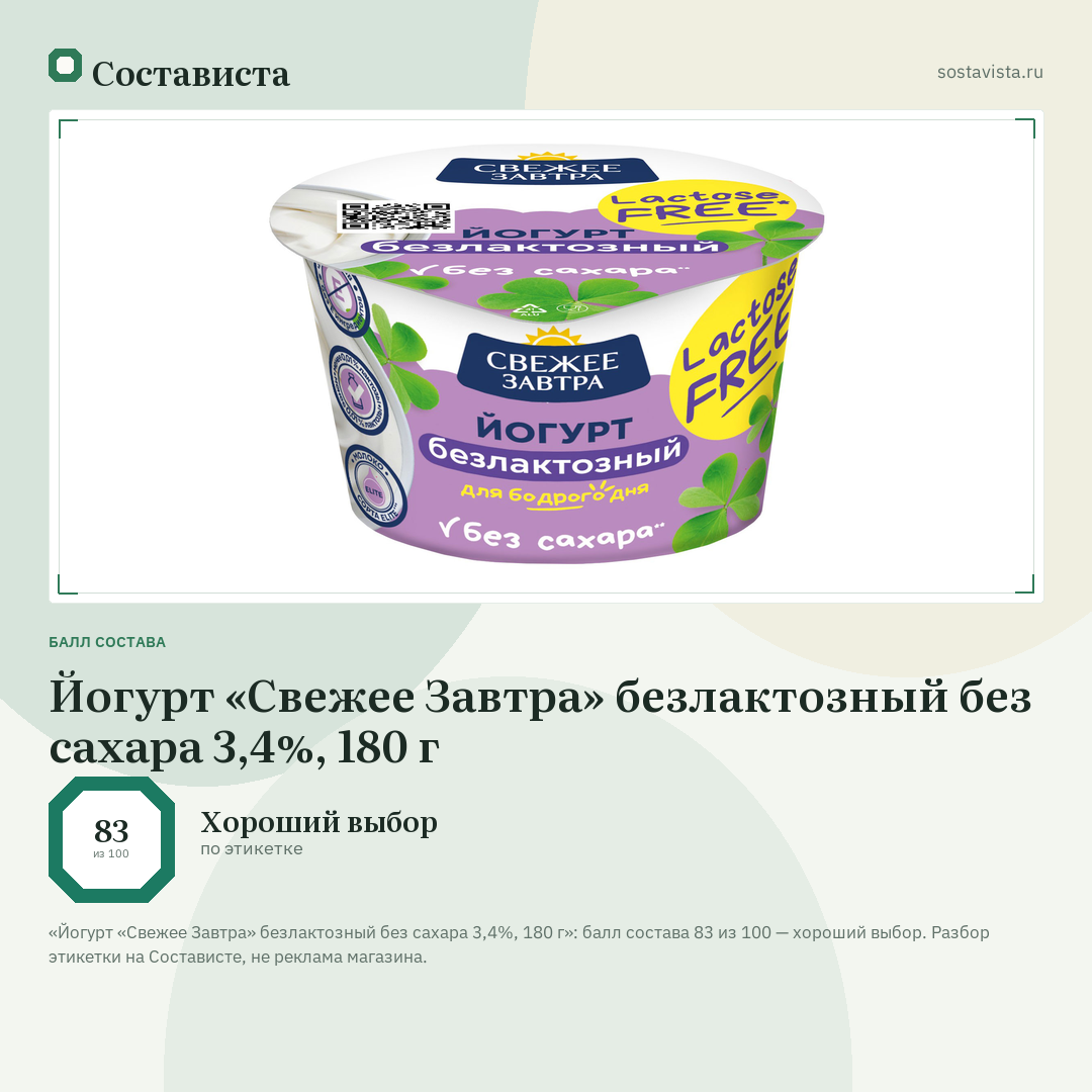 Йогурт «Свежее Завтра» безлактозный без сахара 3,4%, 180 г: балл состава 83 из 100 — Состависта