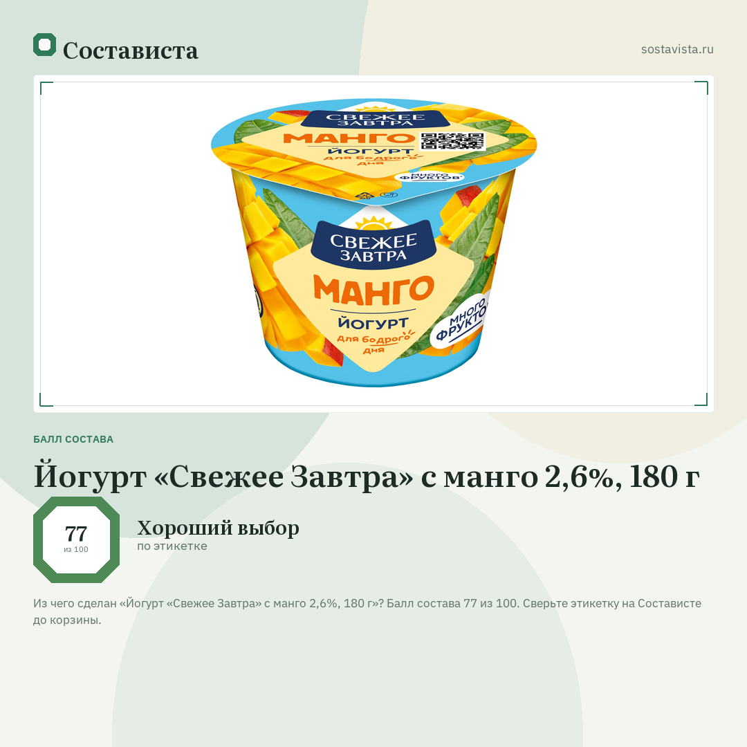 Йогурт «Свежее Завтра» с манго 2,6%, 180 г: балл состава 77 из 100 — Состависта