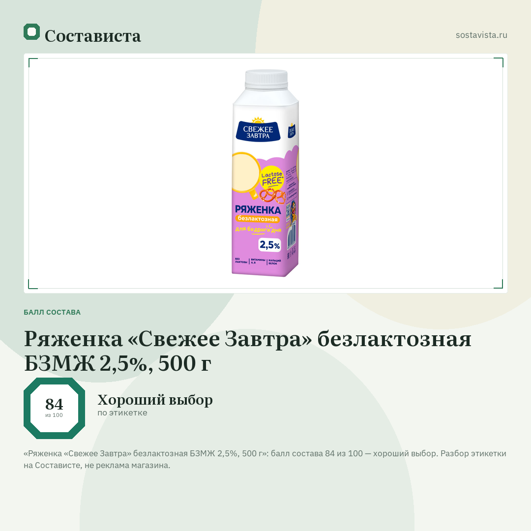 Ряженка «Свежее Завтра» безлактозная БЗМЖ 2,5%, 500 г: балл состава 84 из 100 — Состависта