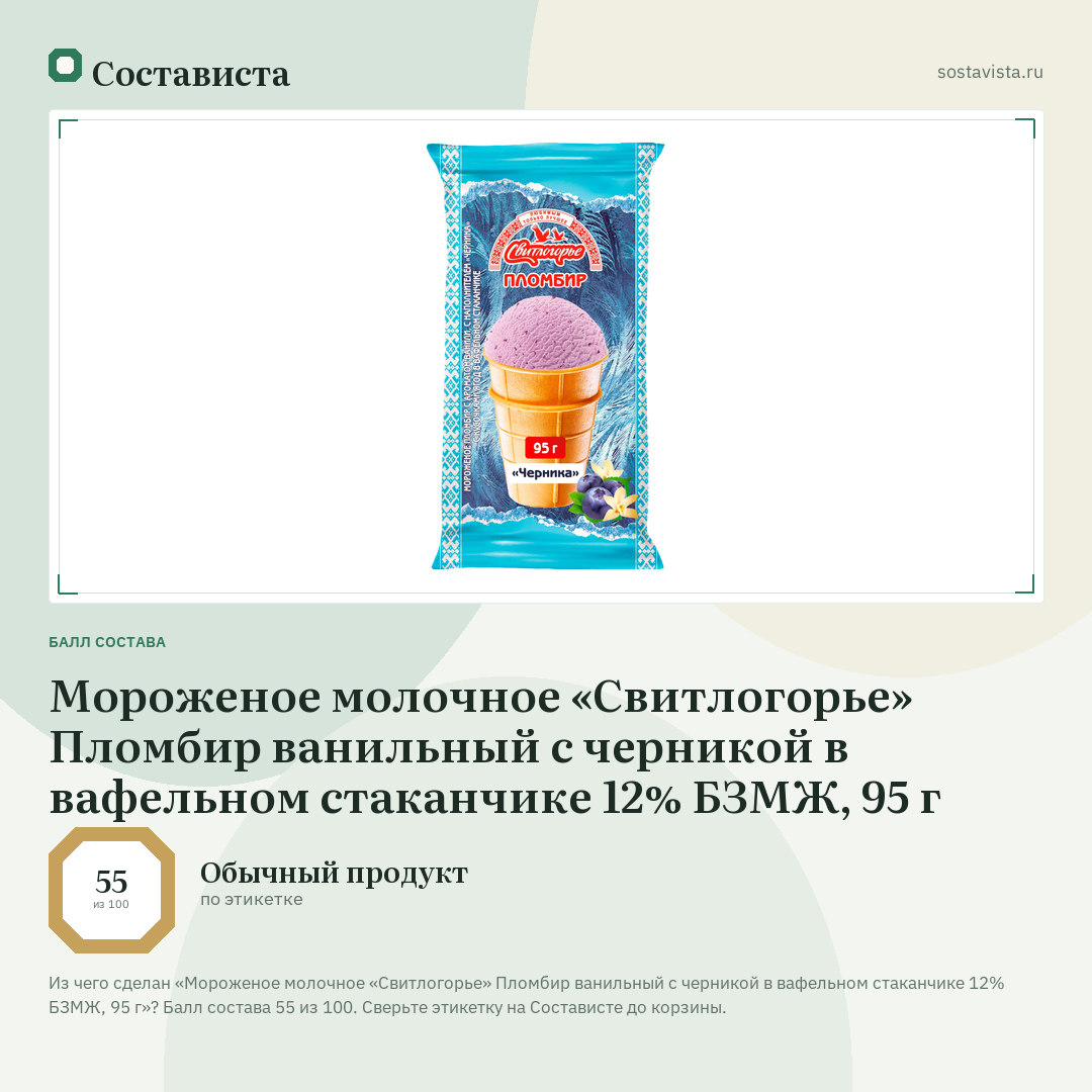 Мороженое молочное «Свитлогорье» Пломбир ванильный с черникой в вафельном стаканчике 12% БЗМЖ, 95 г: балл состава 55 из 100 — Состависта