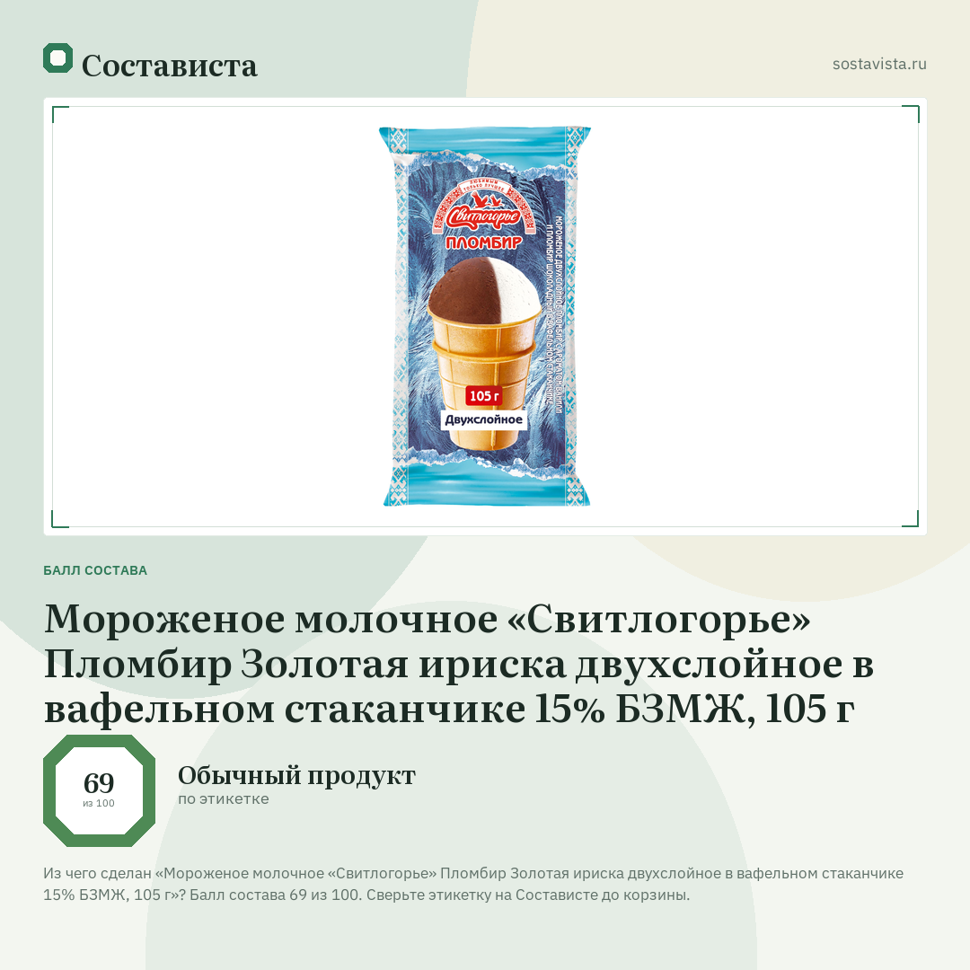 Мороженое молочное «Свитлогорье» Пломбир Золотая ириска двухслойное в вафельном стаканчике 15% БЗМЖ, 105 г: балл состава 69 из 100 — Состависта
