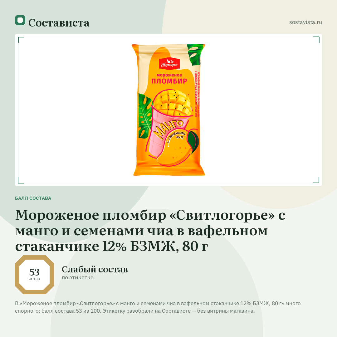 Мороженое пломбир «Свитлогорье» с манго и семенами чиа в вафельном стаканчике 12% БЗМЖ, 80 г: балл состава 53 из 100 — Состависта