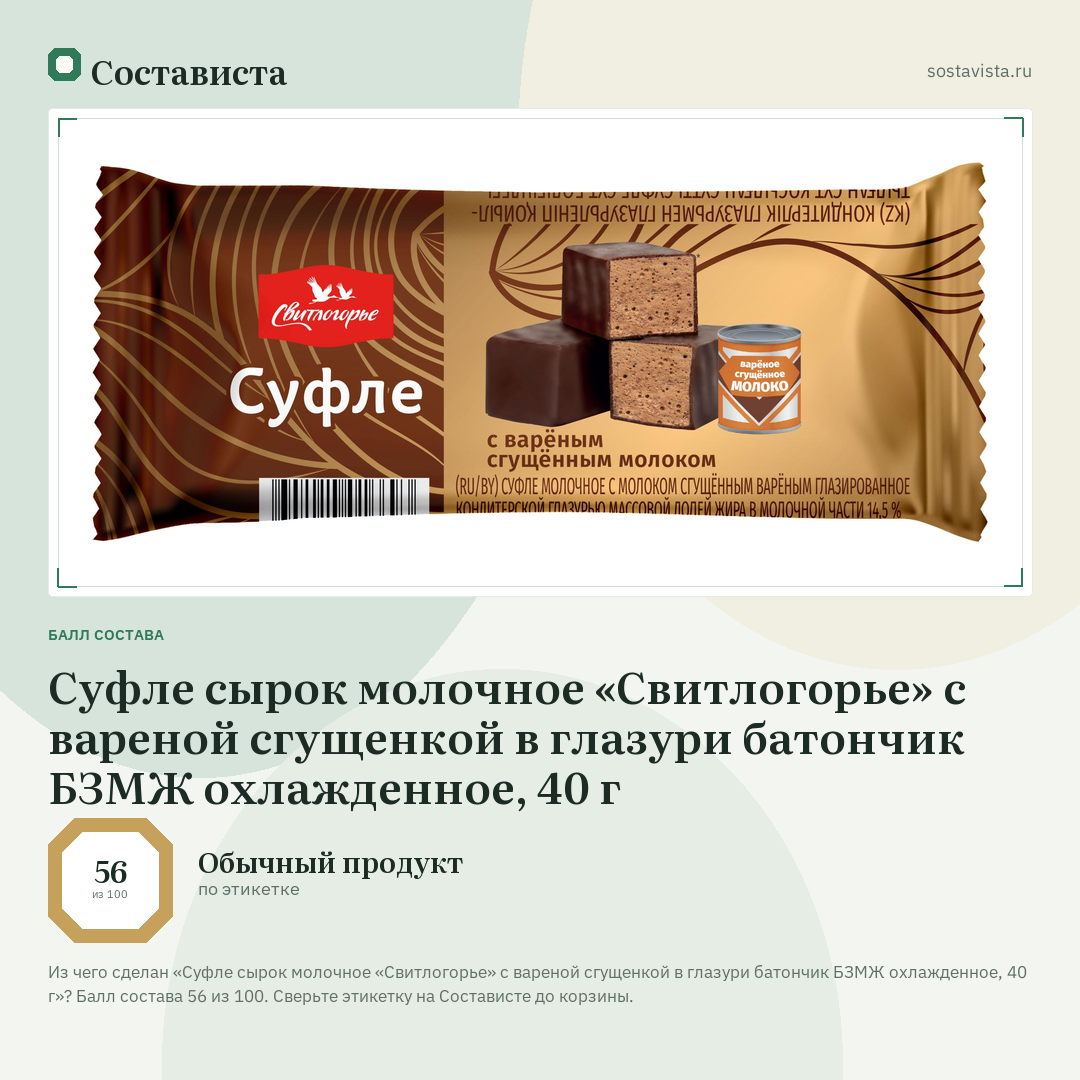 Суфле сырок молочное «Свитлогорье» с вареной сгущенкой в глазури батончик БЗМЖ охлажденное, 40 г: балл состава 56 из 100 — Состависта