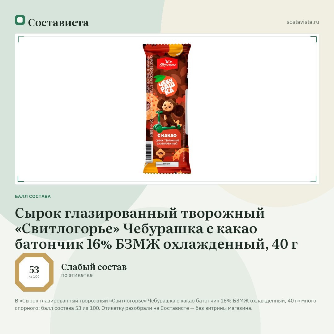 Сырок глазированный творожный «Свитлогорье» Чебурашка с какао батончик 16% БЗМЖ охлажденный, 40 г: балл состава 53 из 100 — Состависта