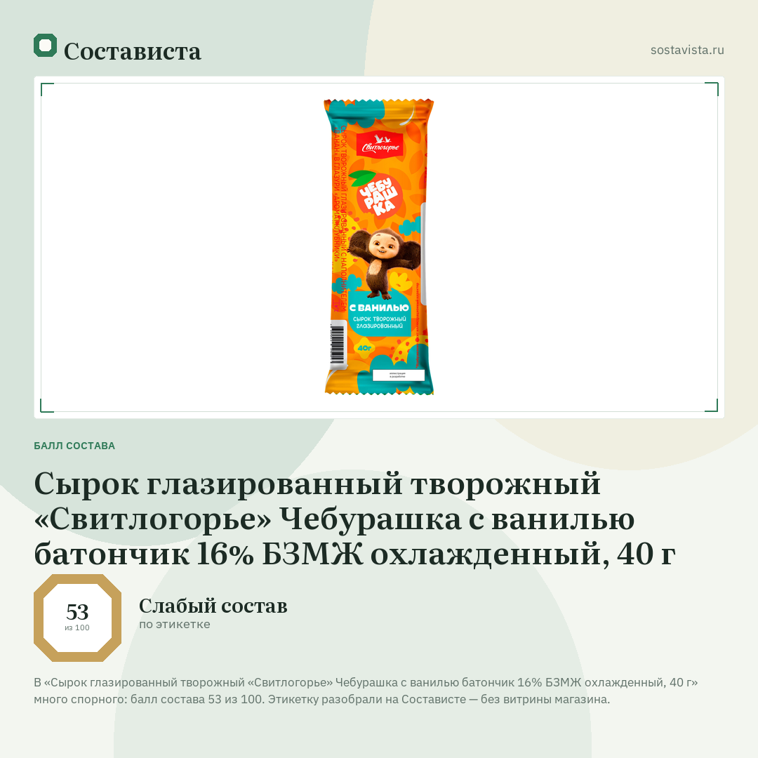 Сырок глазированный творожный «Свитлогорье» Чебурашка с ванилью батончик 16% БЗМЖ охлажденный, 40 г: балл состава 53 из 100 — Состависта