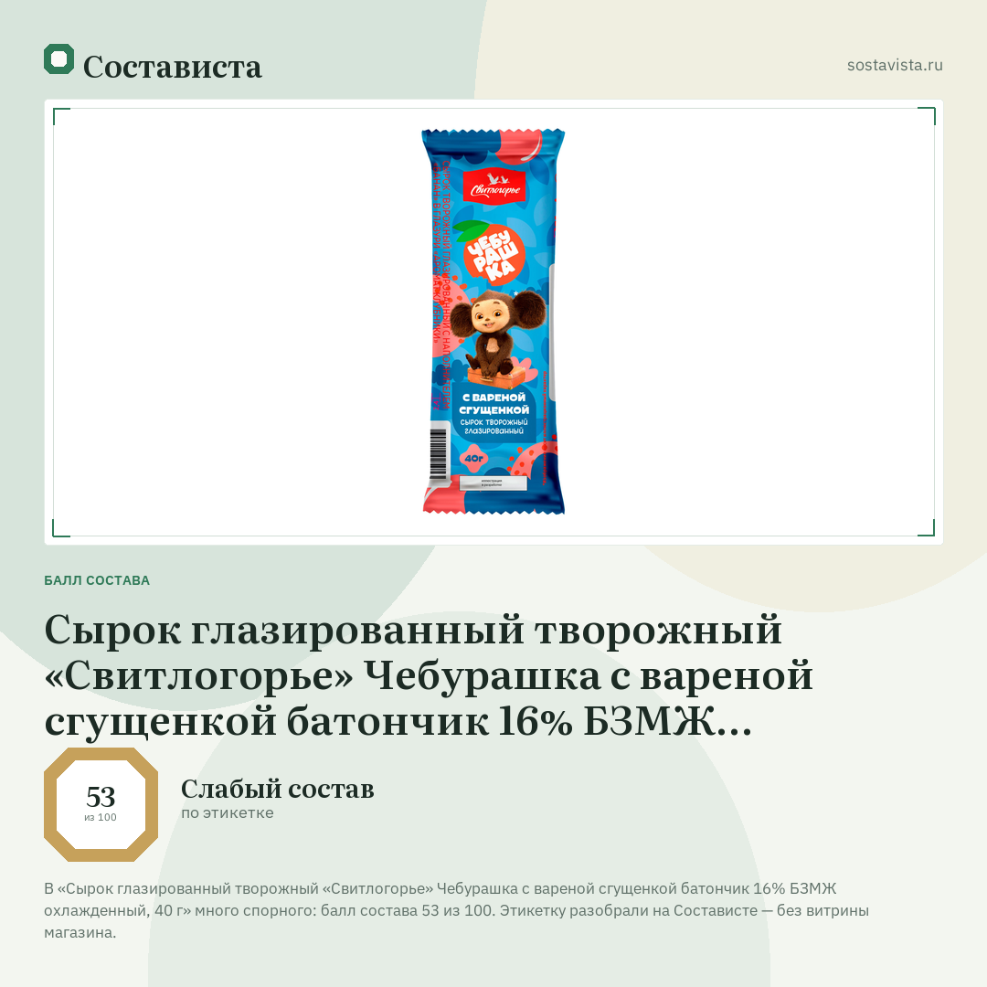 Сырок глазированный творожный «Свитлогорье» Чебурашка с вареной сгущенкой батончик 16% БЗМЖ охлажденный, 40 г: балл состава 53 из 100 — Состависта