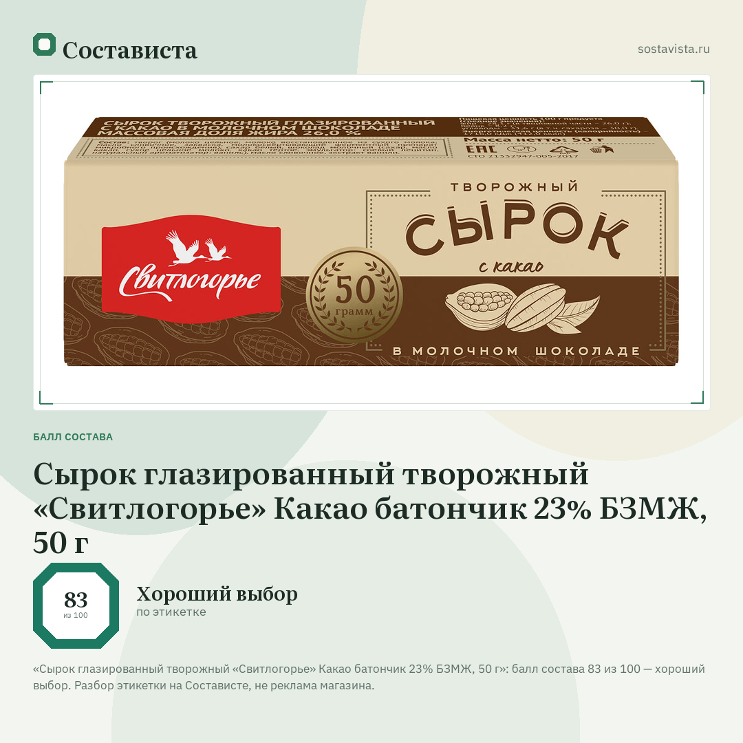 Сырок глазированный творожный «Свитлогорье» Какао батончик 23% БЗМЖ, 50 г: балл состава 83 из 100 — Состависта