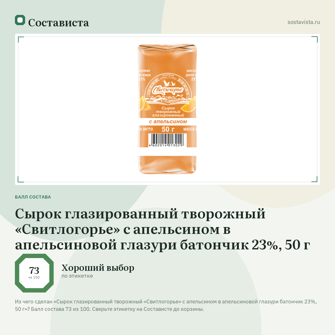 Сырок глазированный творожный «Свитлогорье» с апельсином в апельсиновой глазури батончик 23%, 50 г: балл состава 73 из 100 — Состависта