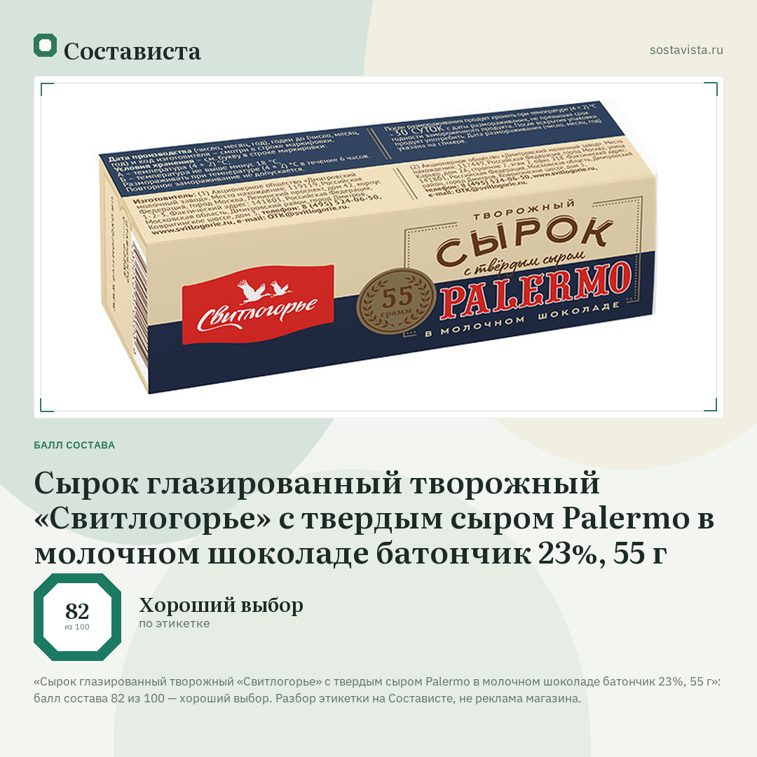 Сырок глазированный творожный «Свитлогорье» с твердым сыром Palermo в молочном шоколаде батончик 23%, 55 г: балл состава 82 из 100 — Состависта