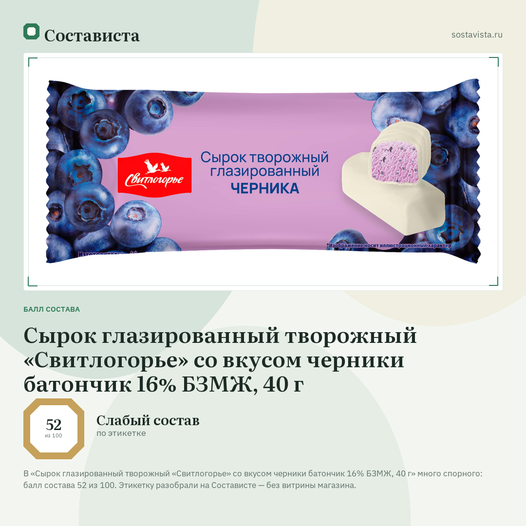 Сырок глазированный творожный «Свитлогорье» со вкусом черники батончик 16% БЗМЖ, 40 г: балл состава 52 из 100 — Состависта