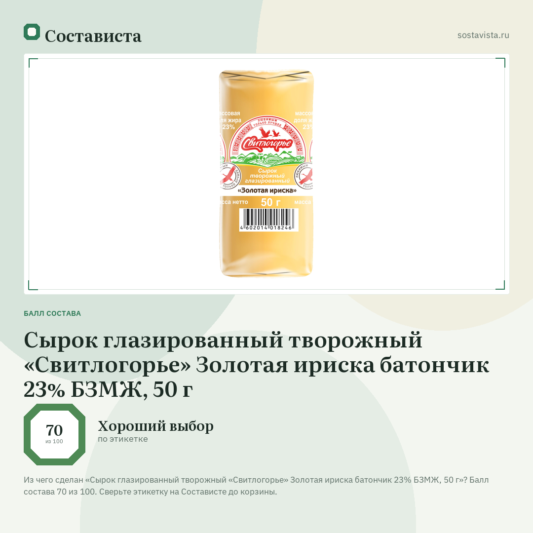 Сырок глазированный творожный «Свитлогорье» Золотая ириска батончик 23% БЗМЖ, 50 г: балл состава 70 из 100 — Состависта