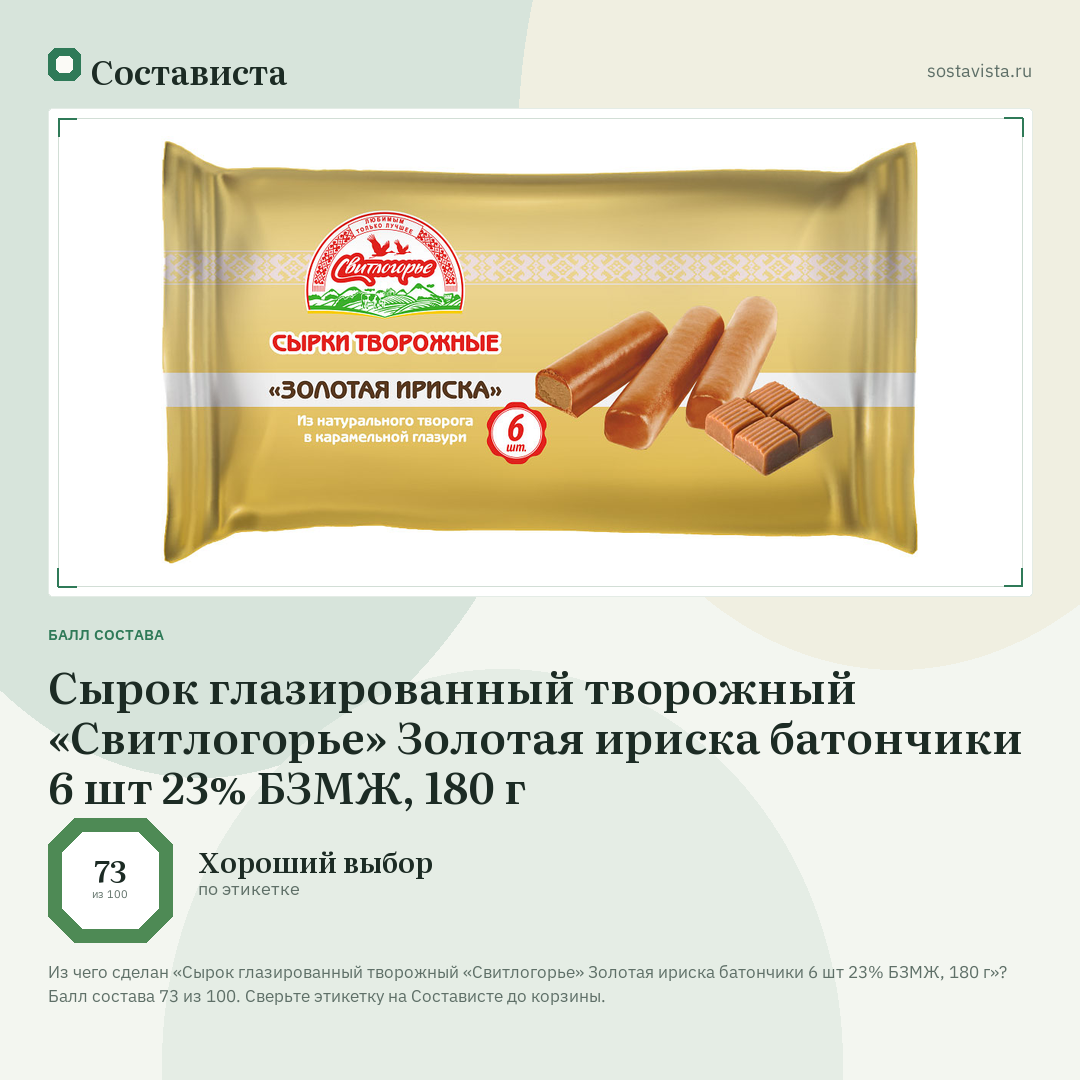 Сырок глазированный творожный «Свитлогорье» Золотая ириска батончики 6 шт 23% БЗМЖ, 180 г: балл состава 73 из 100 — Состависта