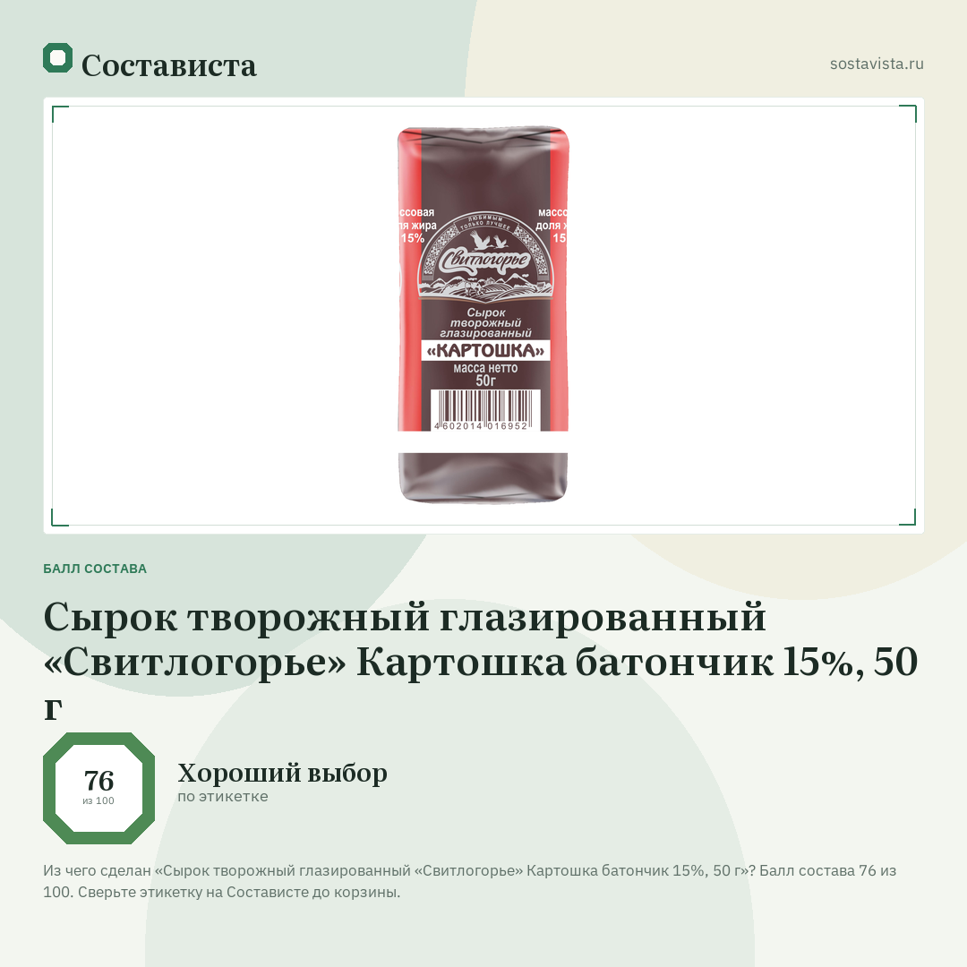 Сырок творожный глазированный «Свитлогорье» Картошка батончик 15%, 50 г: балл состава 76 из 100 — Состависта