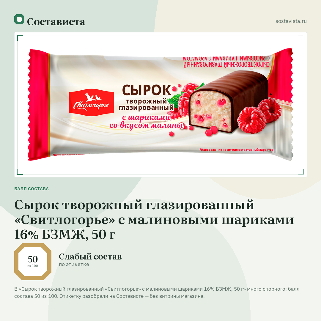 Сырок творожный глазированный «Свитлогорье» с малиновыми шариками 16% БЗМЖ, 50 г: балл состава 50 из 100 — Состависта