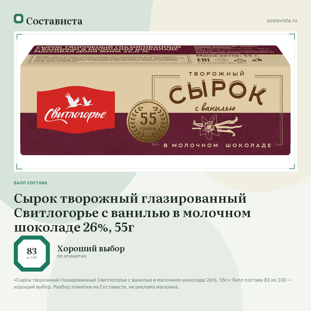 Сырок творожный глазированный Свитлогорье с ванилью в молочном шоколаде 26%, 55г: балл состава 83 из 100 — Состависта