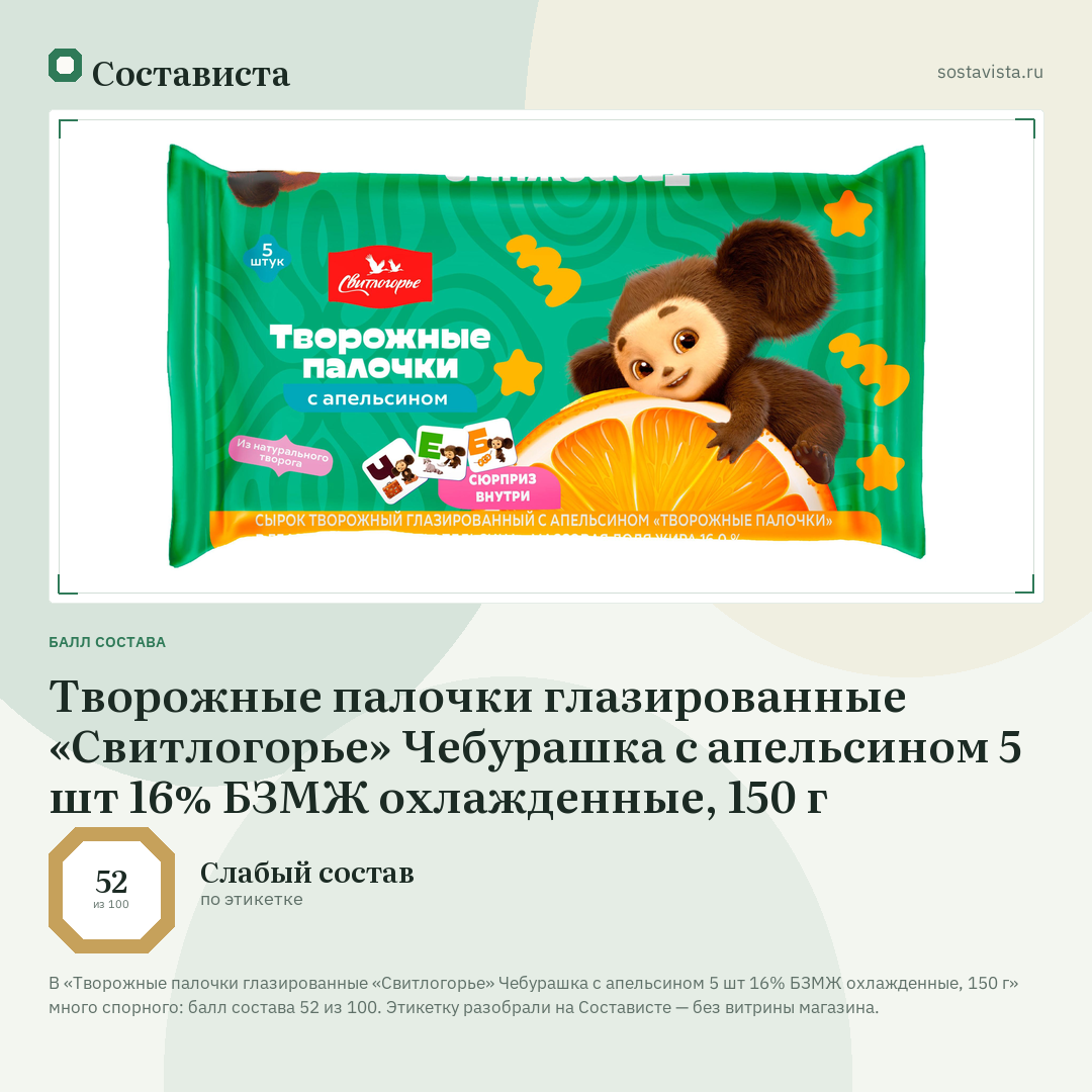 Творожные палочки глазированные «Свитлогорье» Чебурашка с апельсином 5 шт 16% БЗМЖ охлажденные, 150 г: балл состава 52 из 100 — Состависта