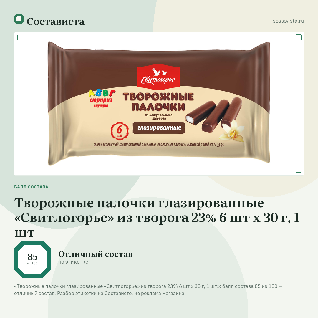 Творожные палочки глазированные «Свитлогорье» из творога 23% 6 шт х 30 г, 1 шт: балл состава 85 из 100 — Состависта