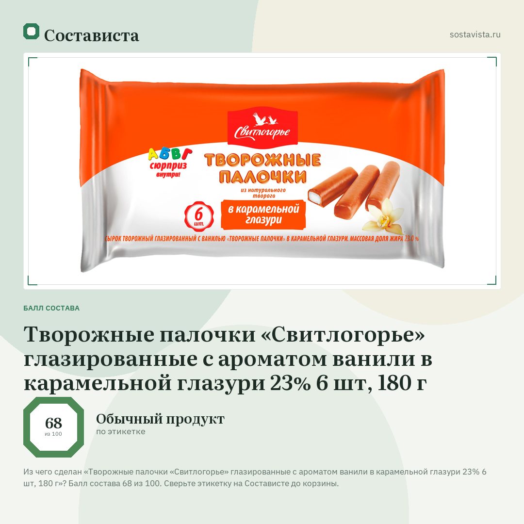 Творожные палочки «Свитлогорье» глазированные с ароматом ванили в карамельной глазури 23% 6 шт, 180 г: балл состава 68 из 100 — Состависта