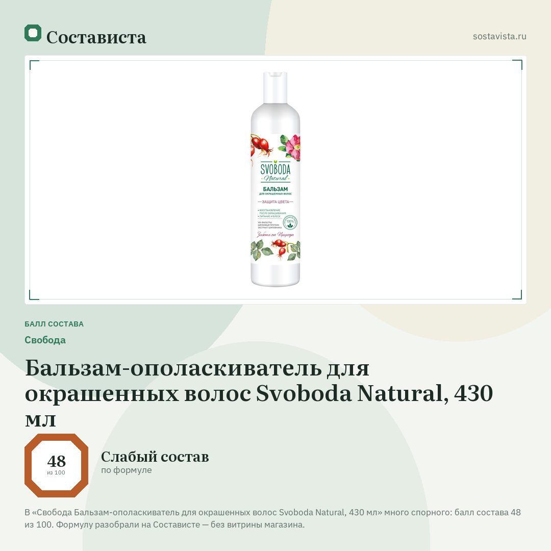Свобода Бальзам-ополаскиватель для окрашенных волос Svoboda Natural, 430 мл: балл состава 48 из 100 — Состависта