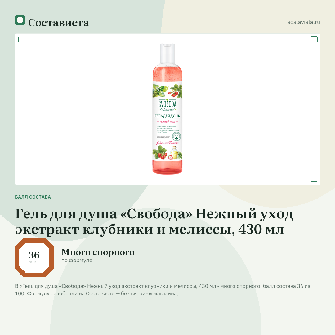 Гель для душа «Свобода» Нежный уход экстракт клубники и мелиссы, 430 мл: балл состава 36 из 100 — Состависта