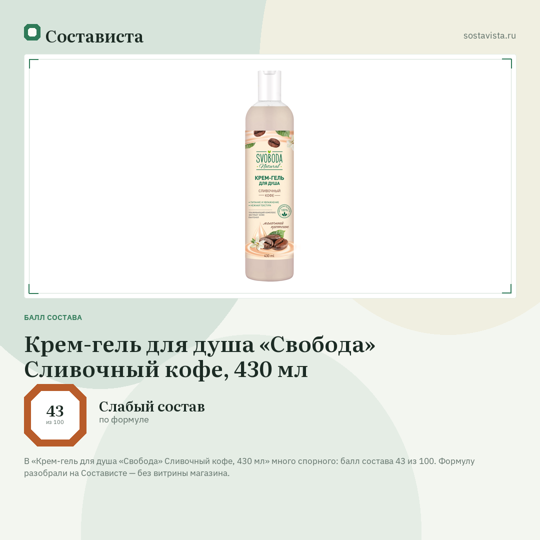 Крем-гель для душа «Свобода» Сливочный кофе, 430 мл: балл состава 43 из 100 — Состависта