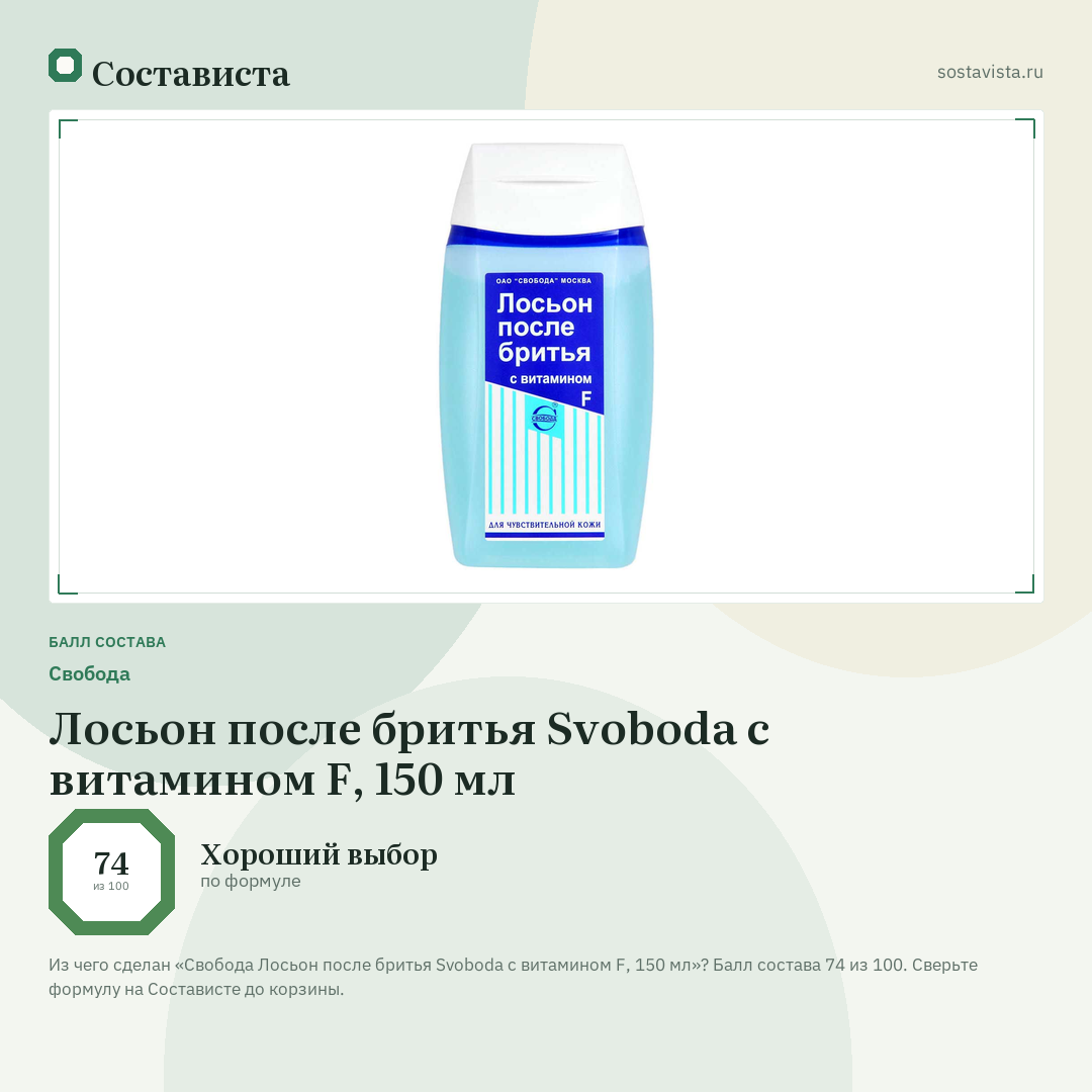 Свобода Лосьон после бритья Svoboda с витамином F, 150 мл: балл состава 74 из 100 — Состависта