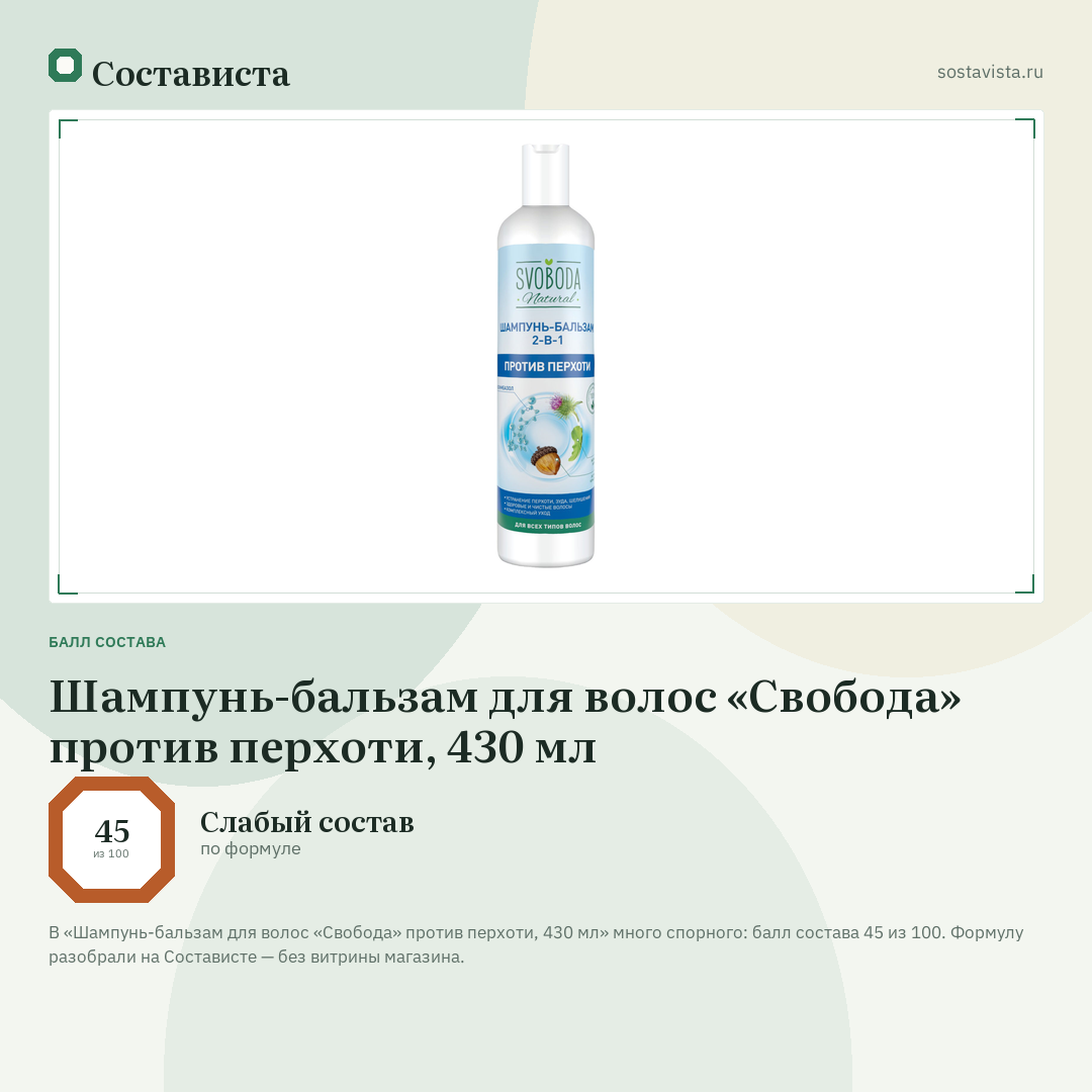 Шампунь-бальзам для волос «Свобода» против перхоти, 430 мл: балл состава 45 из 100 — Состависта