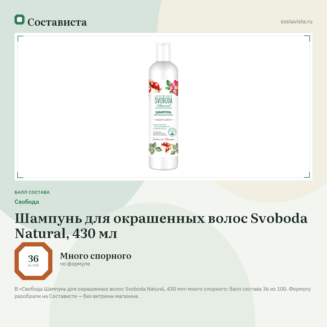 Свобода Шампунь для окрашенных волос Svoboda Natural, 430 мл: балл состава 36 из 100 — Состависта