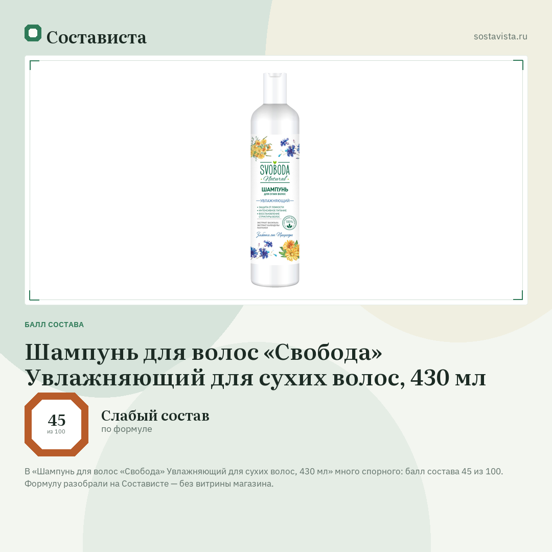 Шампунь для волос «Свобода» Увлажняющий для сухих волос, 430 мл: балл состава 45 из 100 — Состависта