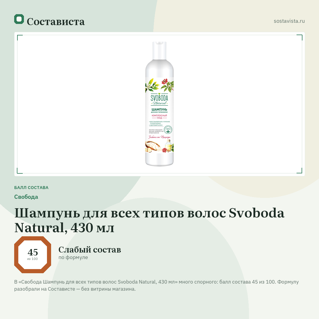 Свобода Шампунь для всех типов волос Svoboda Natural, 430 мл: балл состава 45 из 100 — Состависта