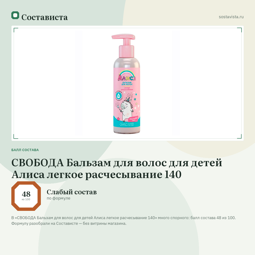 СВОБОДА Бальзам для волос для детей Алиса легкое расчесывание 140: балл состава 48 из 100 — Состависта
