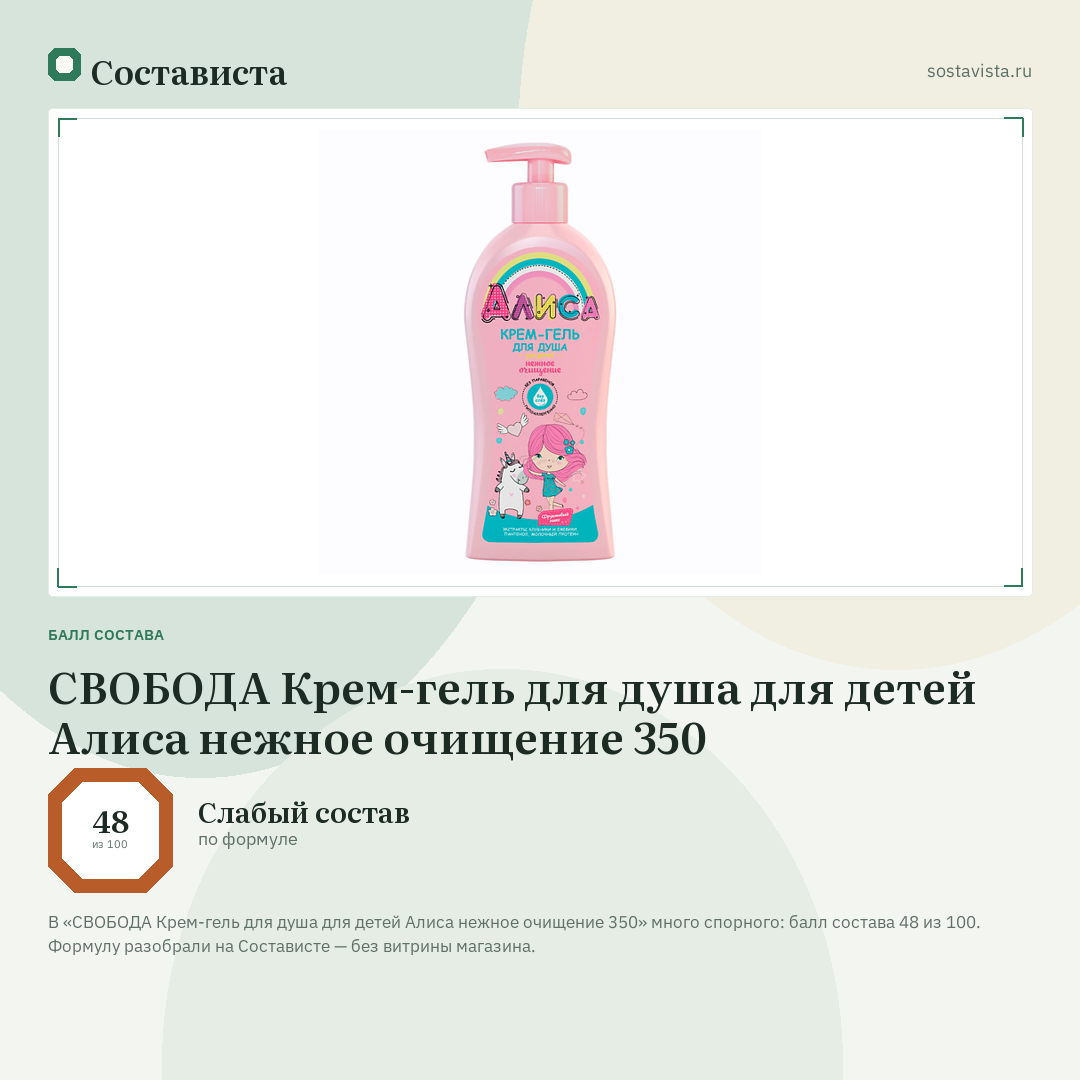 СВОБОДА Крем-гель для душа для детей Алиса нежное очищение 350: балл состава 48 из 100 — Состависта