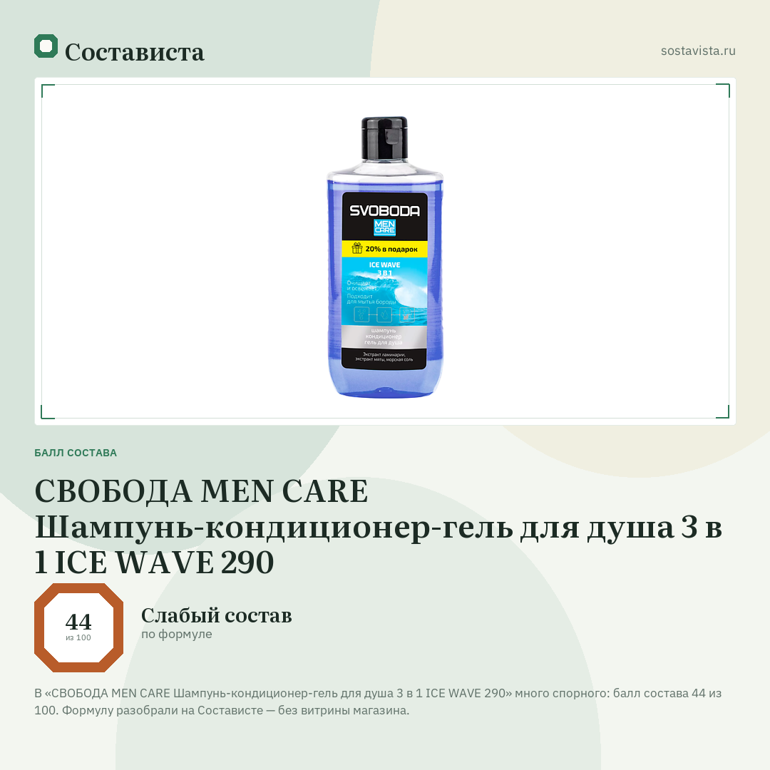 СВОБОДА MEN CARE Шампунь-кондиционер-гель для душа 3 в 1 IСE WAVE 290: балл состава 44 из 100 — Состависта