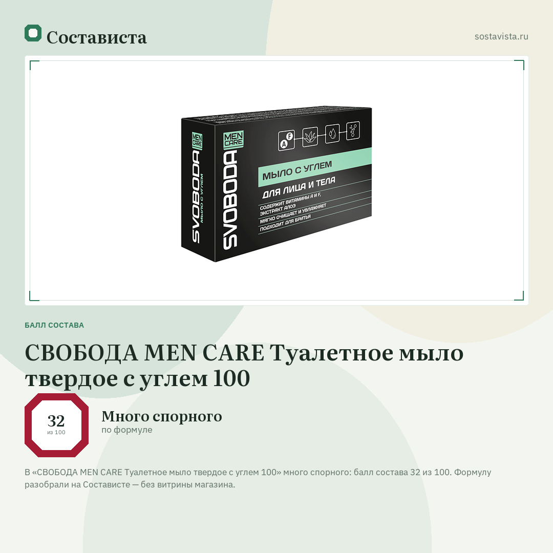 СВОБОДА MEN CARE Туалетное мыло твердое с углем 100: балл состава 32 из 100 — Состависта