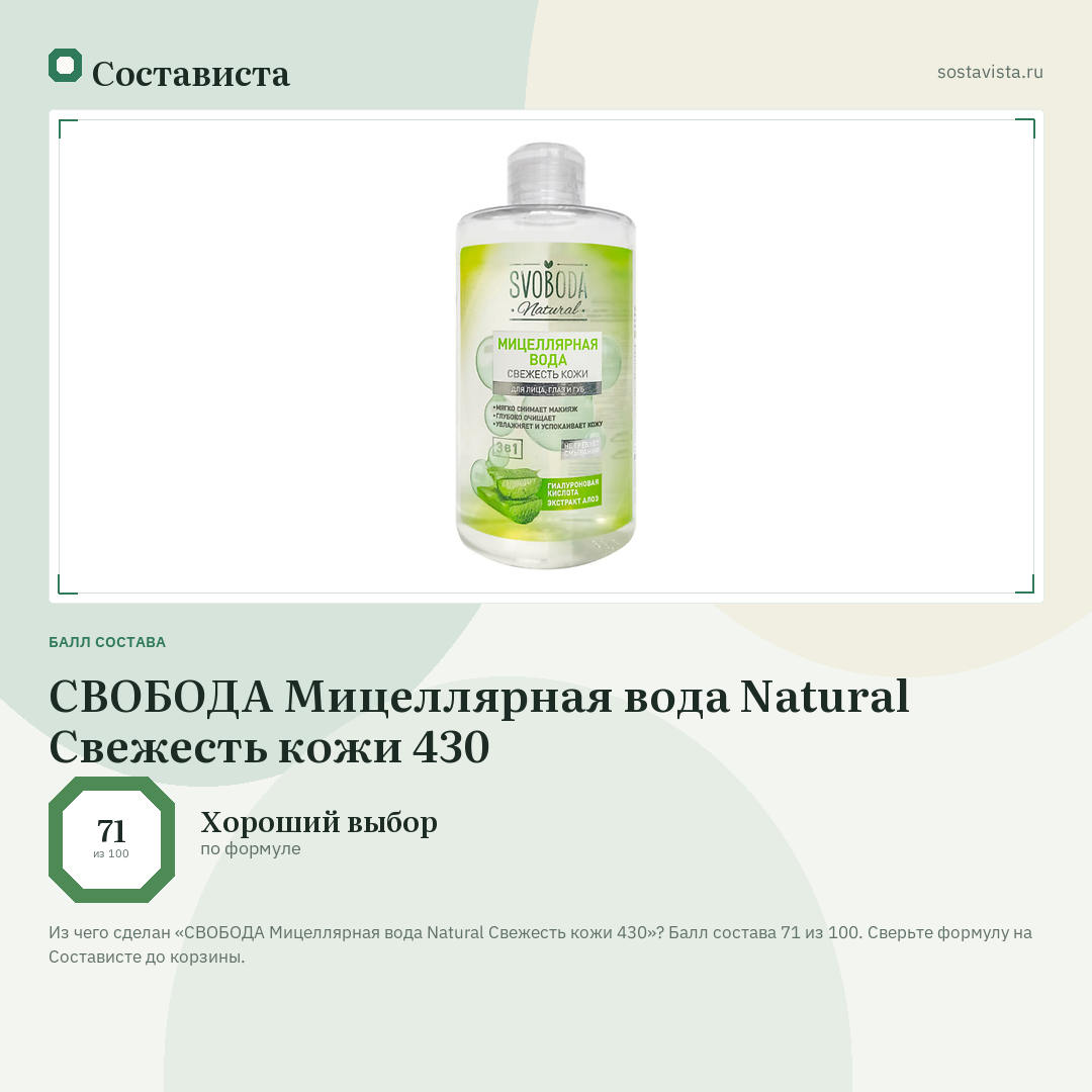СВОБОДА Мицеллярная вода Natural Свежесть кожи 430: балл состава 71 из 100 — Состависта