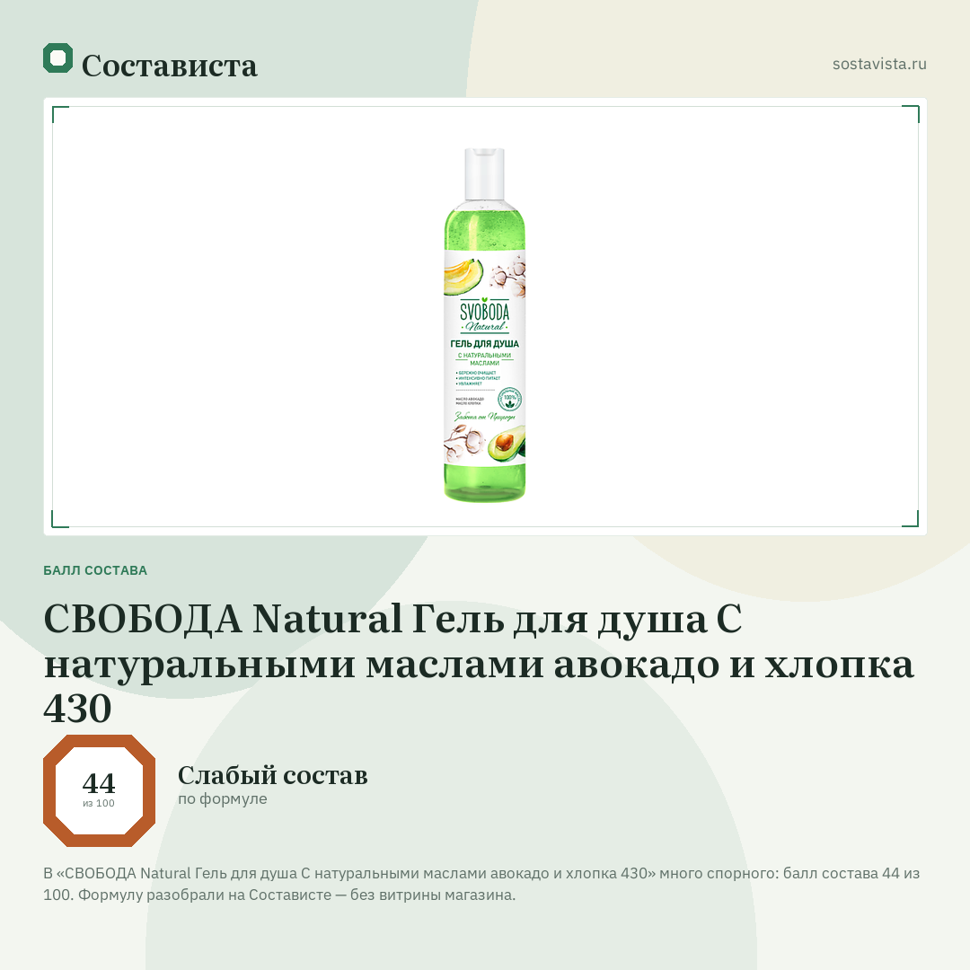 СВОБОДА Natural Гель для душа С натуральными маслами авокадо и хлопка 430: балл состава 44 из 100 — Состависта