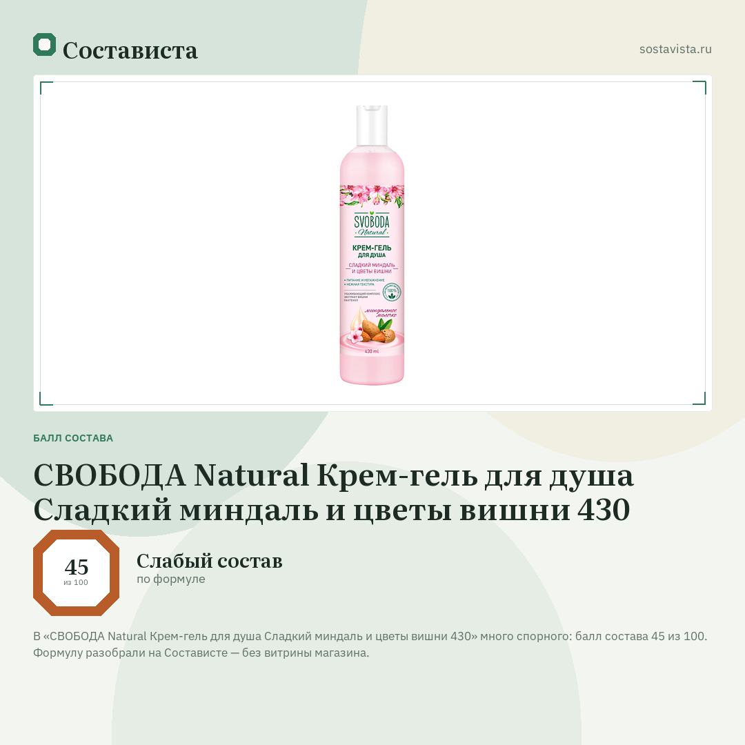 СВОБОДА Natural Крем-гель для душа Сладкий миндаль и цветы вишни 430: балл состава 45 из 100 — Состависта