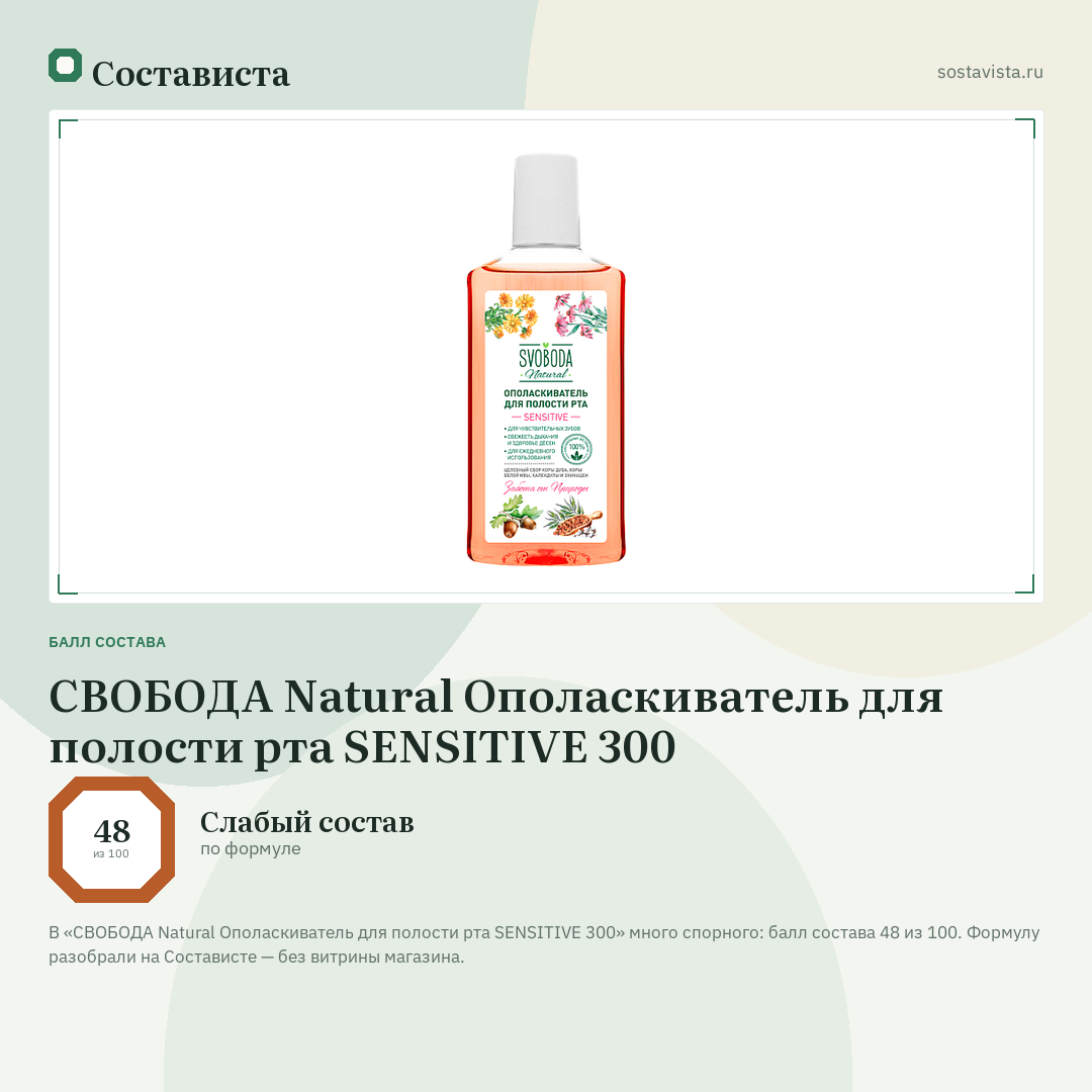 СВОБОДА Natural Ополаскиватель для полости рта SENSITIVE 300: балл состава 48 из 100 — Состависта