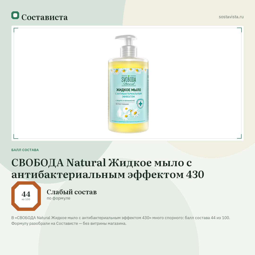 СВОБОДА Natural Жидкое мыло с антибактериальным эффектом 430: балл состава 44 из 100 — Состависта