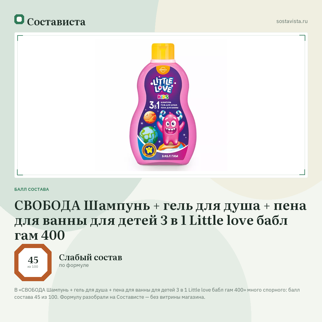 СВОБОДА Шампунь + гель для душа + пена для ванны для детей 3 в 1 Little love бабл гам 400: балл состава 45 из 100 — Состависта