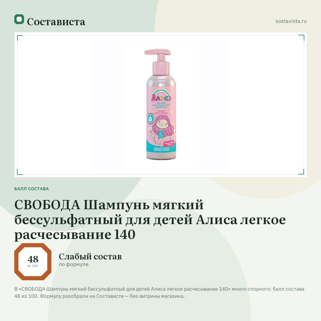 СВОБОДА Шампунь мягкий бессульфатный для детей Алиса легкое расчесывание 140: балл состава 48 из 100 — Состависта