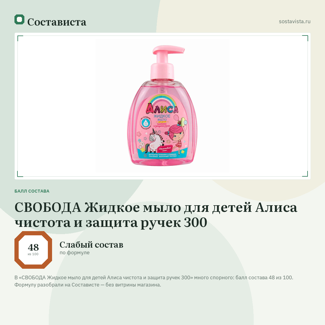 СВОБОДА Жидкое мыло для детей Алиса чистота и защита ручек 300: балл состава 48 из 100 — Состависта